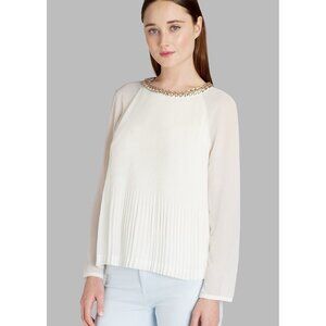 Ted Baker Pleated Chiffon Beaded Blouse Womens Sz 0 US 2 Top Party Career White
